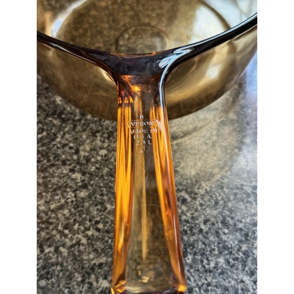 Vintage Corning Vision Ware Amber 2.5L Glass Saucepan Pot USA. No Lid